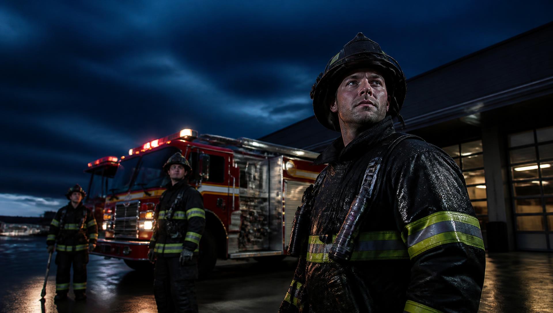 Firefighters in turnout gear standing beside a modern fire engine outside a fire station